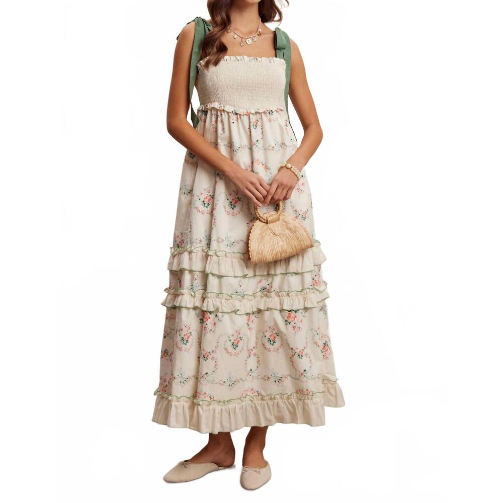 NEW LISTICLE floral smocked tiered maxi dress in cream